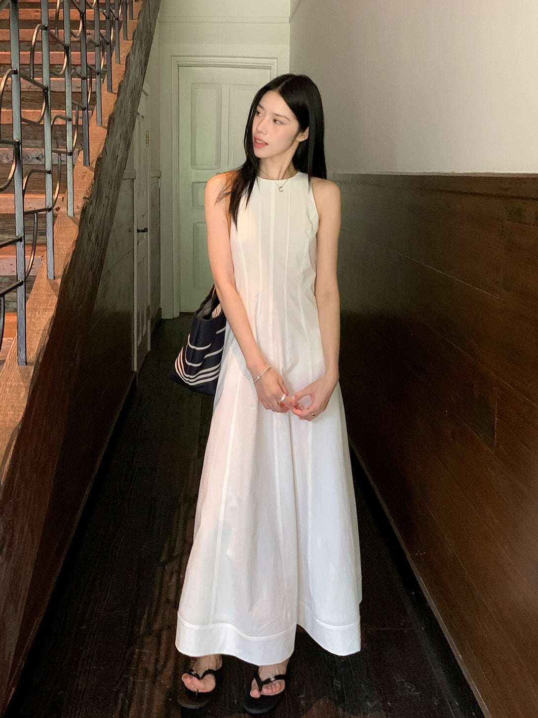 Tucks Long White Dress_BDHL7551