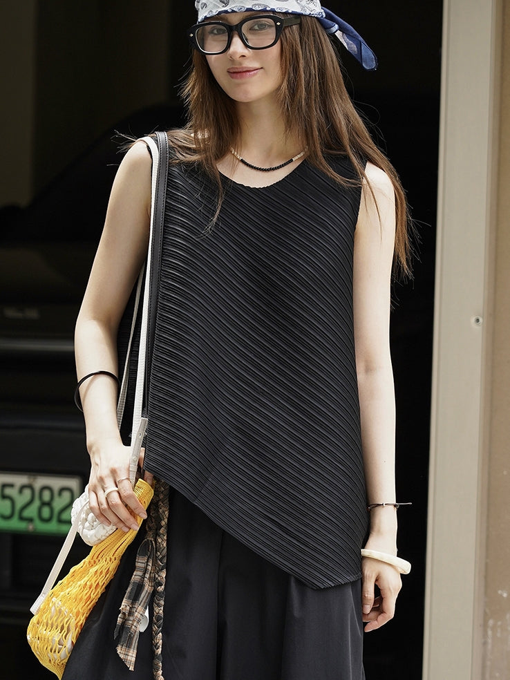 Irregular Round Neck Sleeveless Tops_BDHL7627
