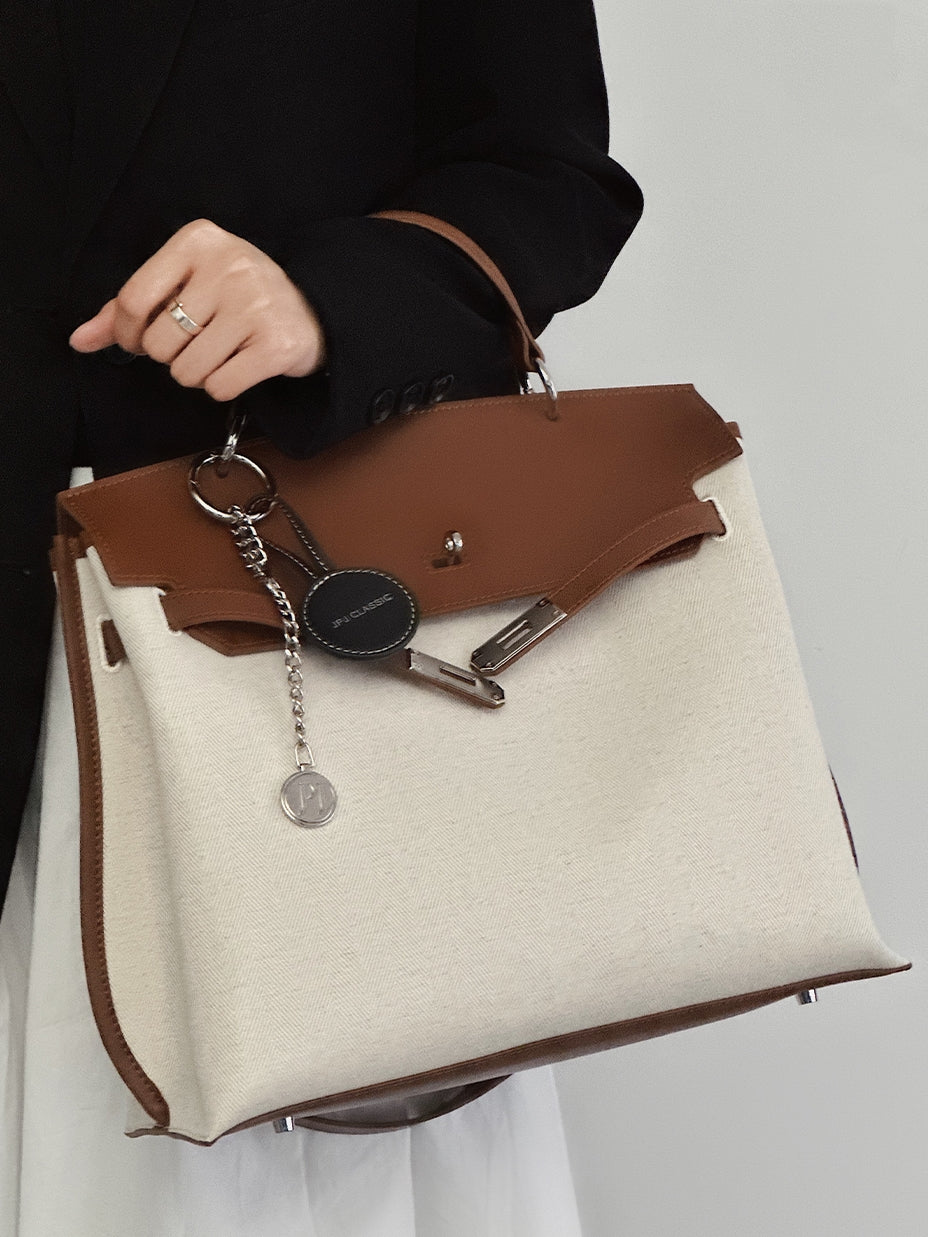 Contrast Color Structured Leather Shoulder Tote_BDHL7453