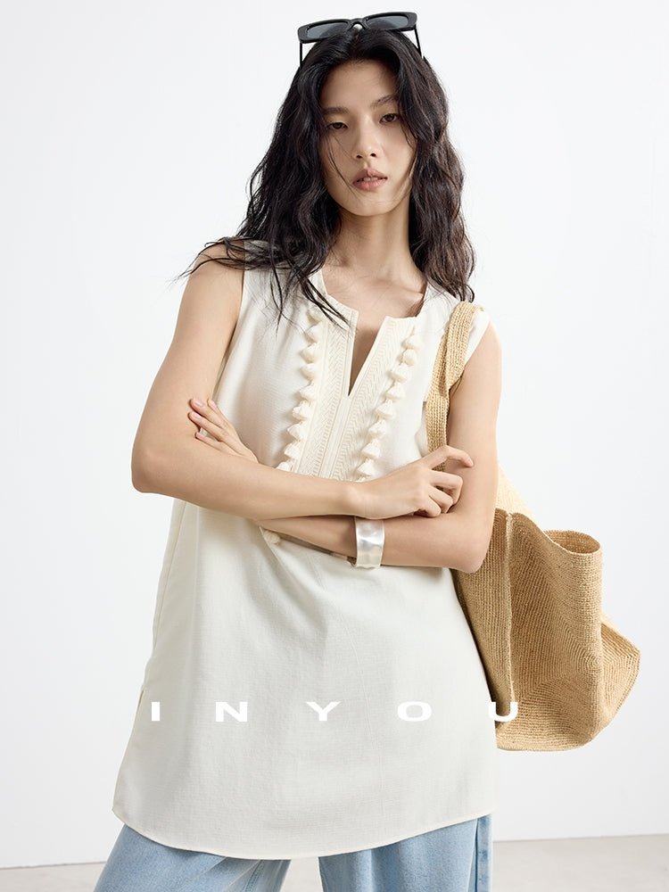 Fringe V-Neck Sleeveless Tops_BDHL7652