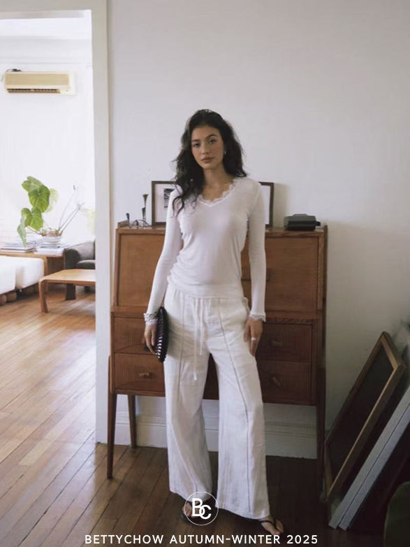 蕾絲V領長袖上衣_BDHL8058