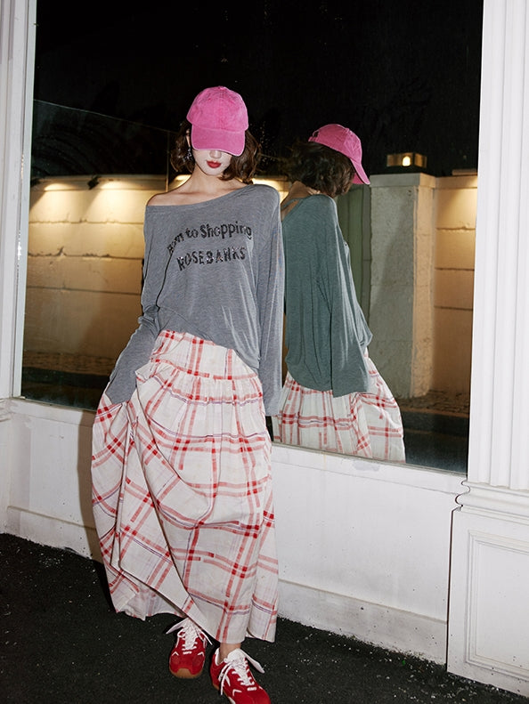 Red Chequered Swing Skirt_BDHL7473