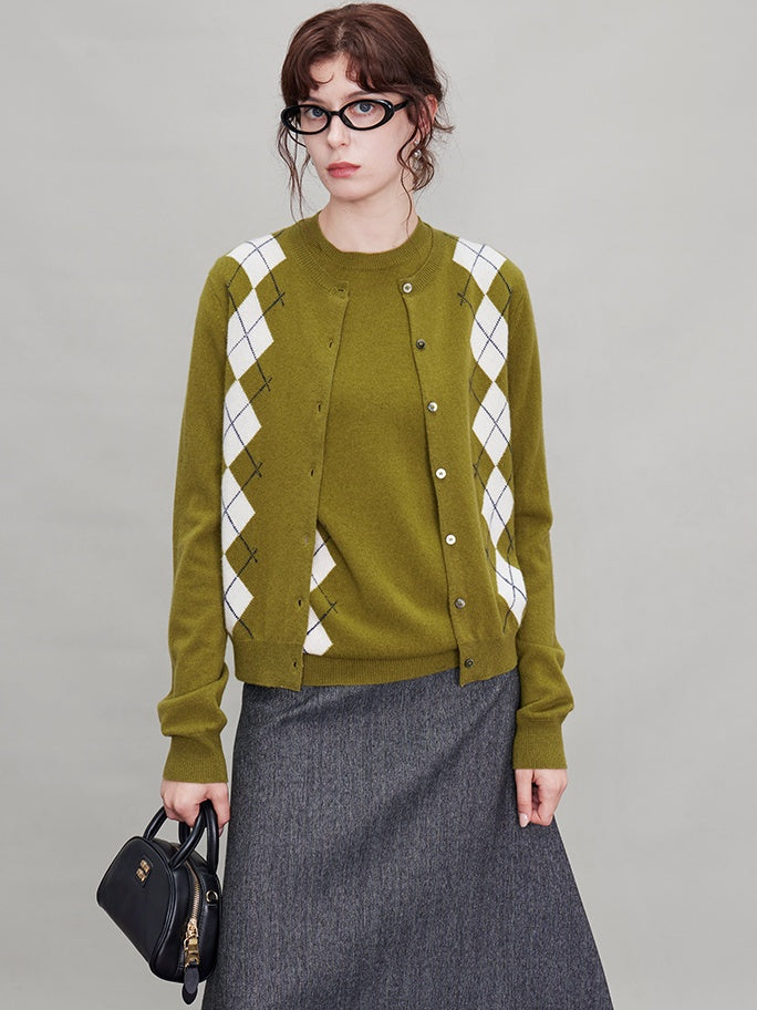 Green Argyle Short-Sleeved Tops Or Cardigan_BDHL6631