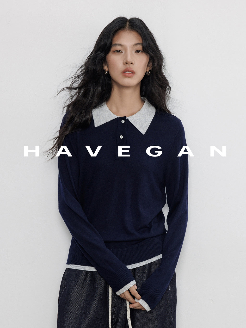 Contrast Collar Long-Sleeved Tops_BDHL7694