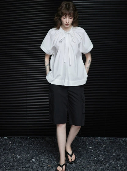 White Bow Tie Short Sleeve Shirt_BDHL6249