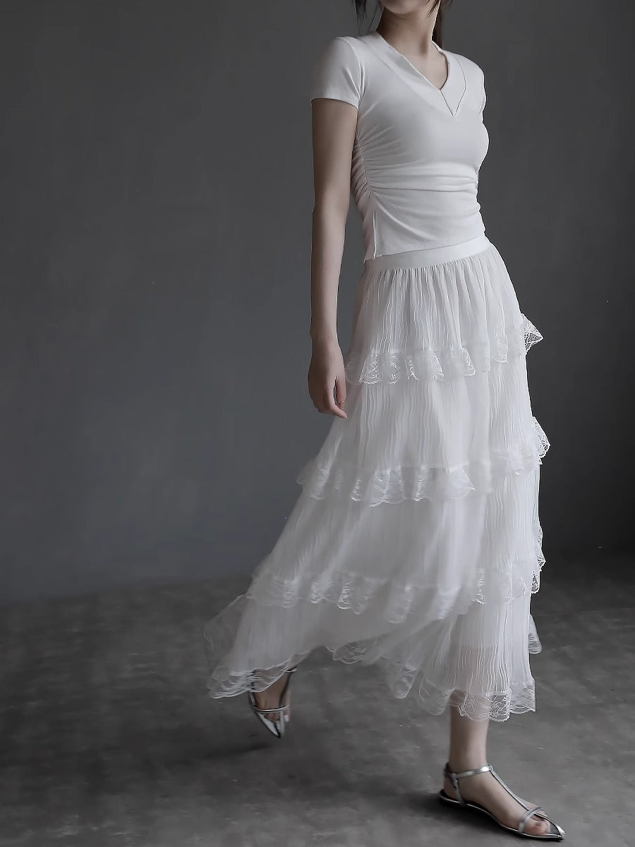 Side Pleated V-Neck T-Shirt_BDHL7416