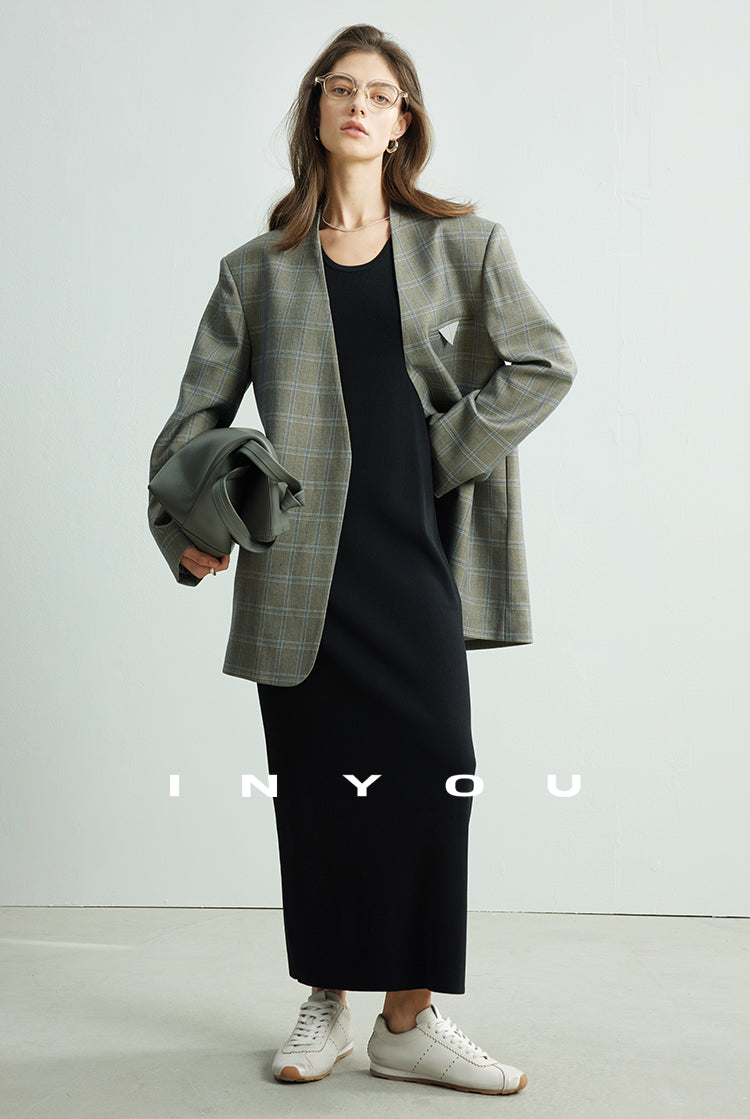 Chequered Collarless Jacket_BDHL7154