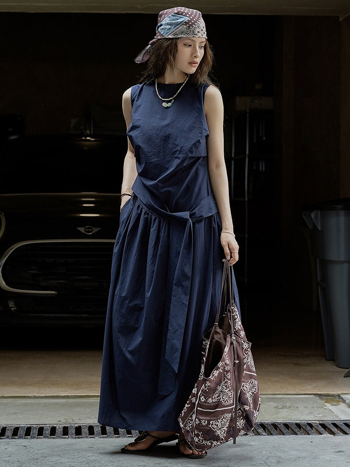 Pleated Strap Sleeveless Dress_BDHL7532