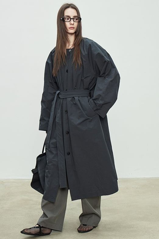 Collarless Loose Long Windbreaker_BDHL7088