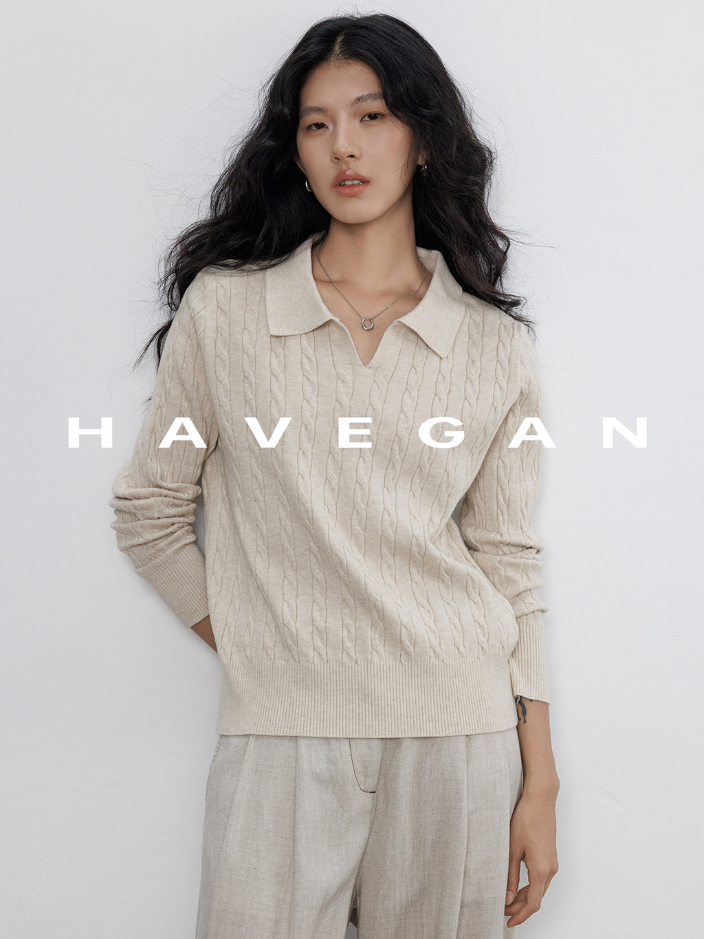 Polo-Collar Cable Knit Tops_BDHL7782