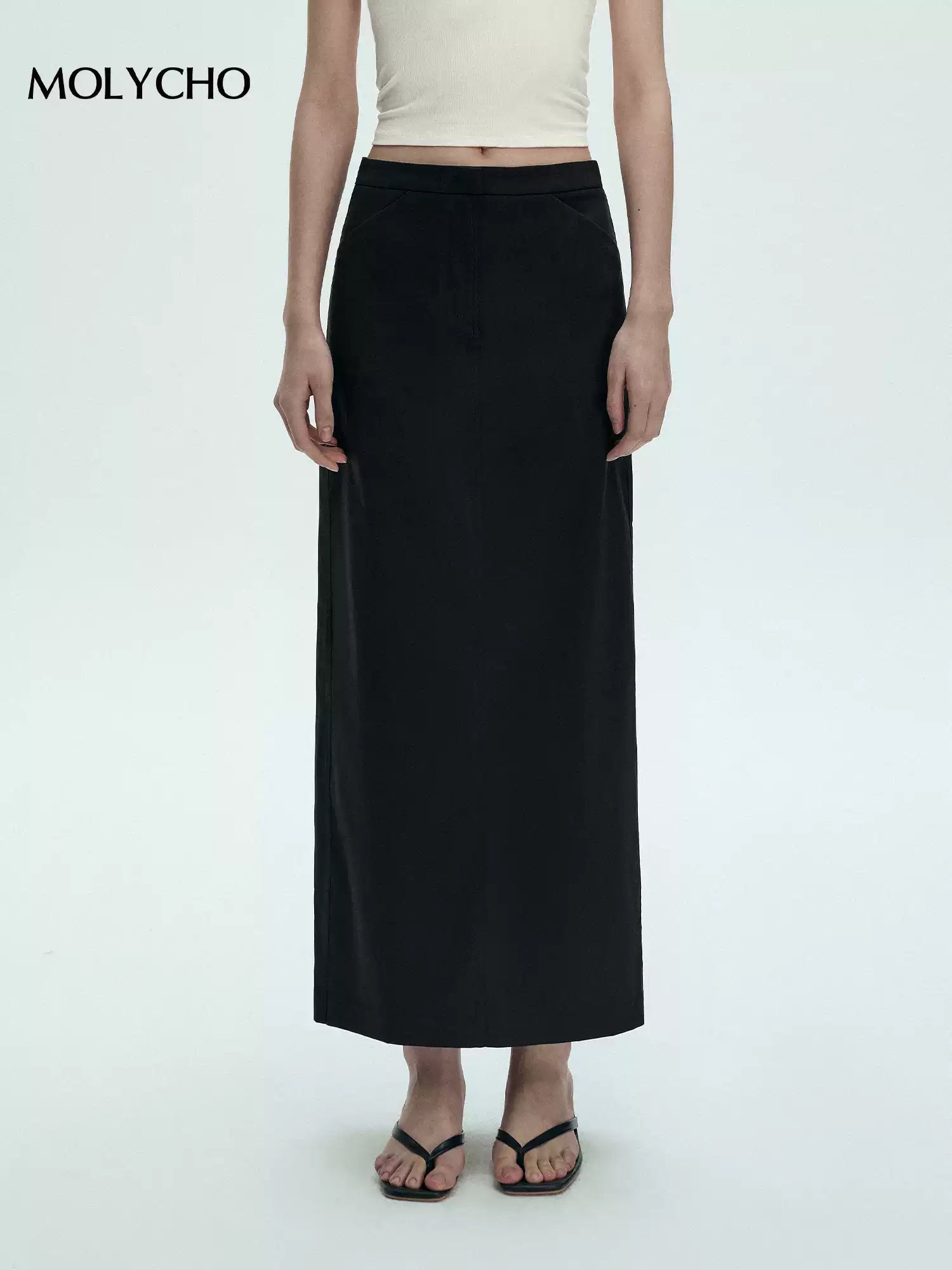 Black Long Straight Skirt_BDHL7428