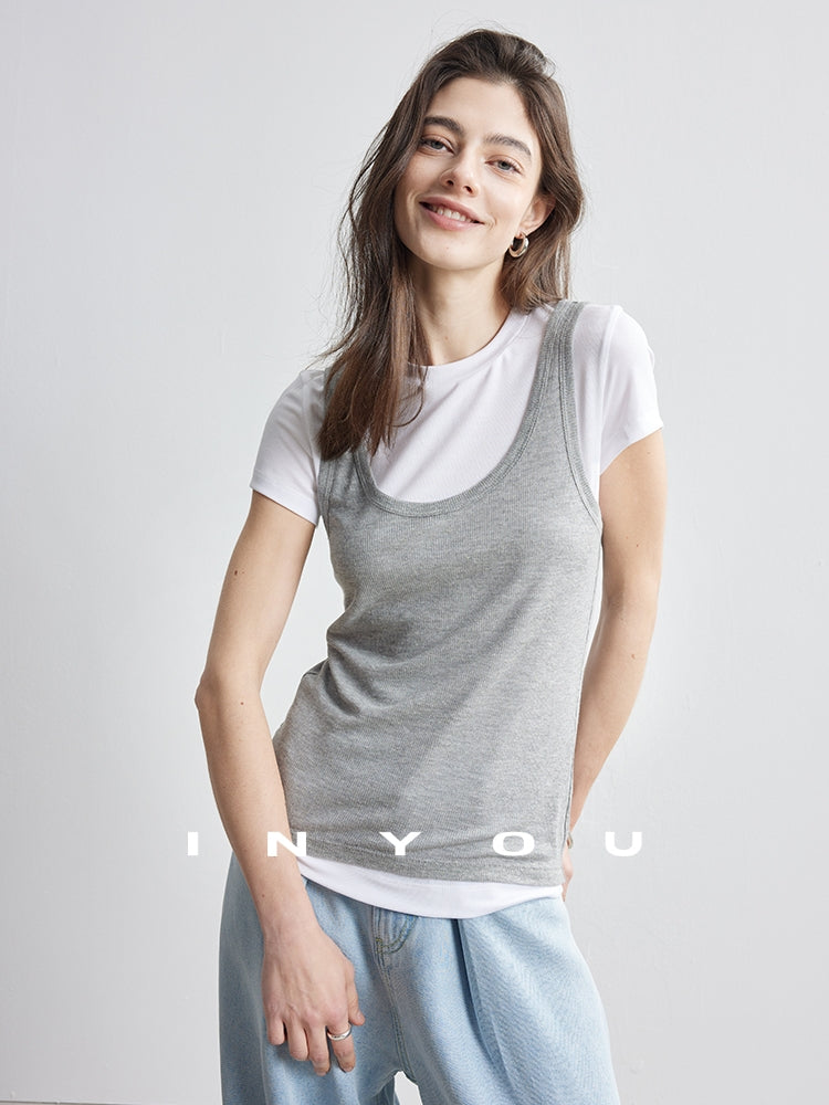 Round Neck T-Shirt And Sleeveless Tops Set_BDHL7174