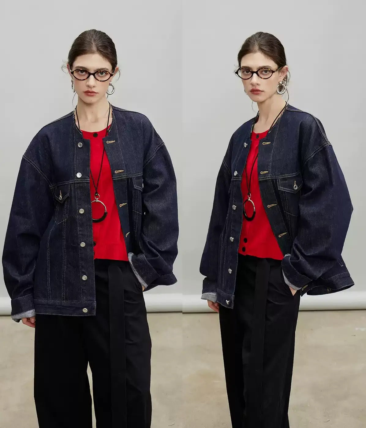 Retro Collarless Denim Jacket_BDHL7197