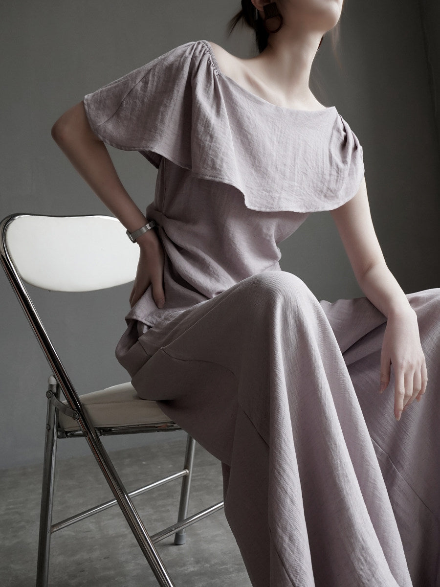 Ruffle Shoulder Top and Wide Pants Set_BDHL8354