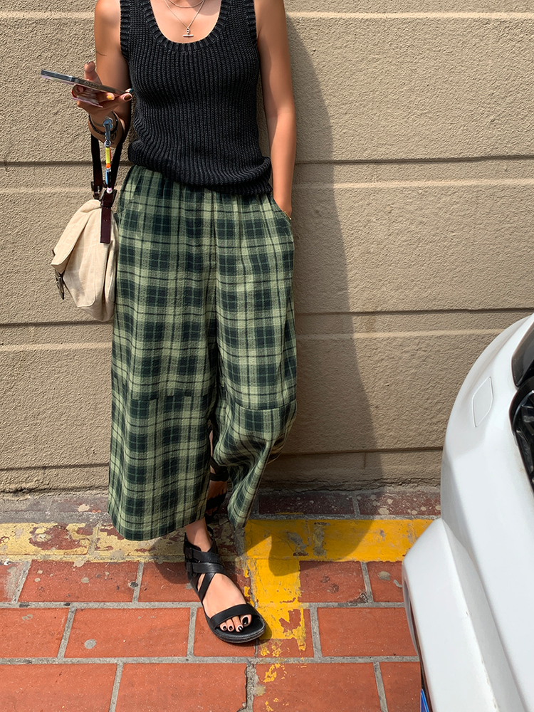 Checkered Balloon Cropped Pants_BDHL6136