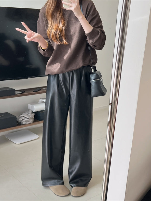 Black PU Leather Straight Pants_BDHL6764