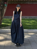 Navy Blue Gathered Hem Sleeveless Dress_BDHL8292