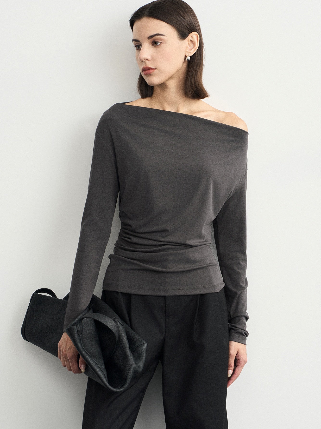 Gray One-Shoulder Pleated Tops_BDHL6539