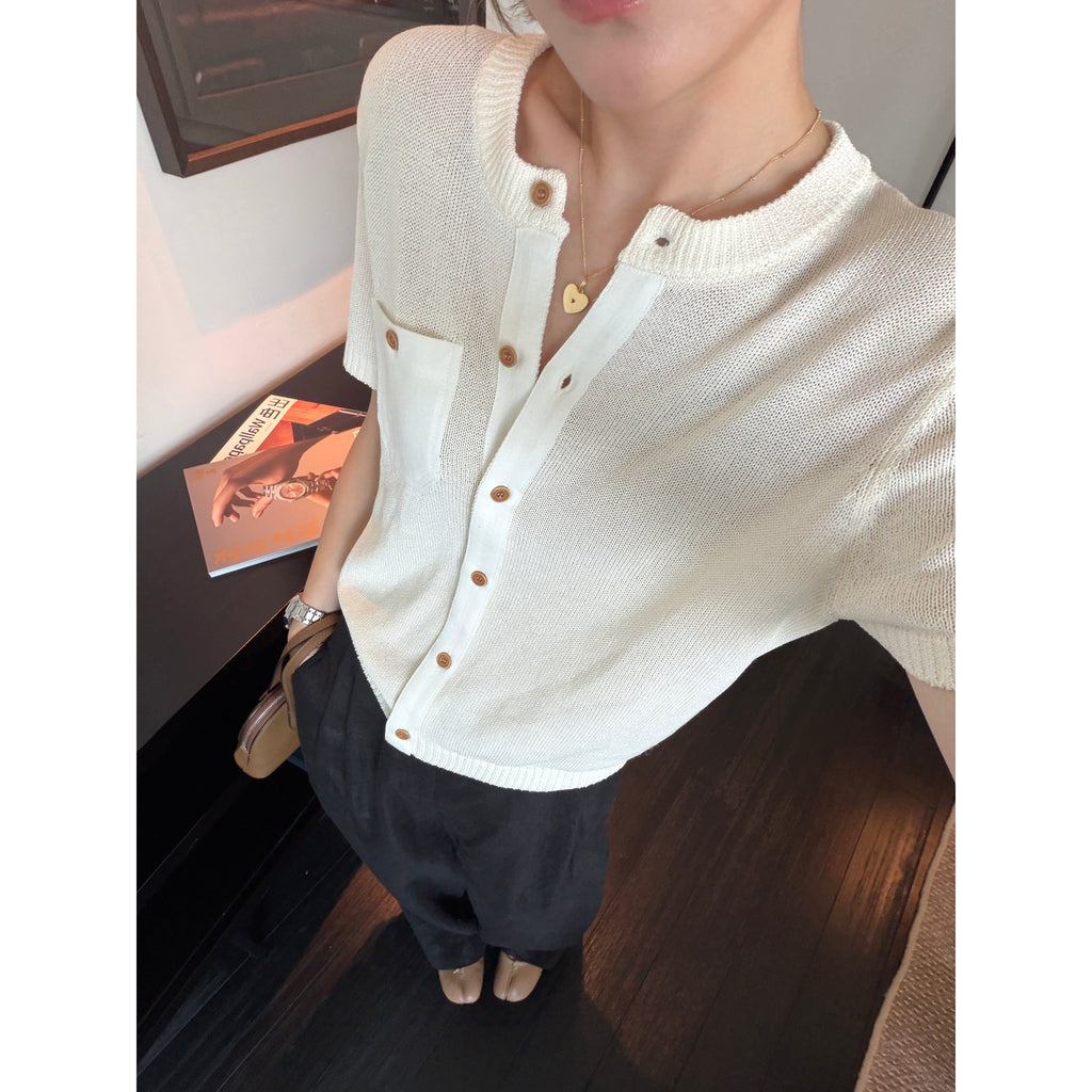 Linen-Trim Short-Sleeve Knit Cardigan_BDHL8332