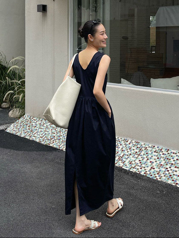 Sleeveless V-Back Gathered Maxi Dress_BDHL8293