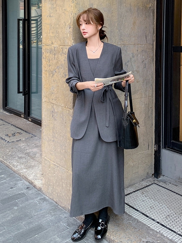 No Collar Jacket And Dress Suit Set_BDHL7562