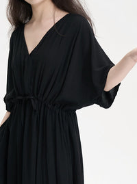 V-Neck Gathered Black Dress_BDHL6241