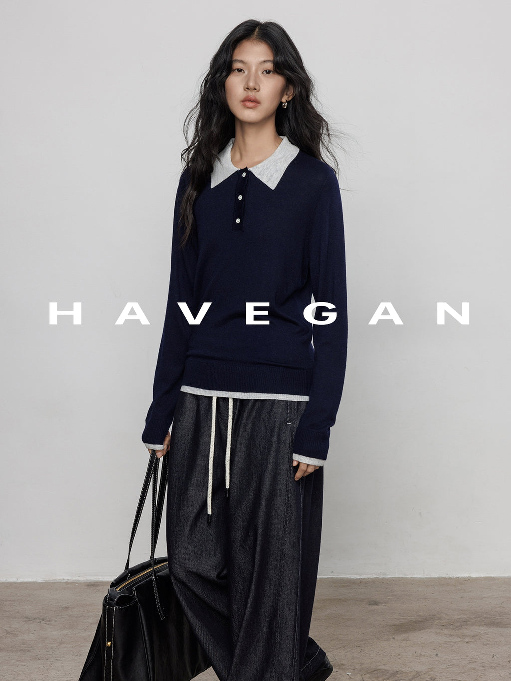 Contrast Collar Long-Sleeved Tops_BDHL7694