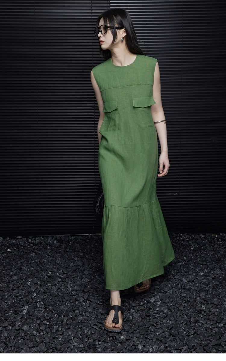 Linen sleeveless sleeveless relaxed green dress_BDHL5907