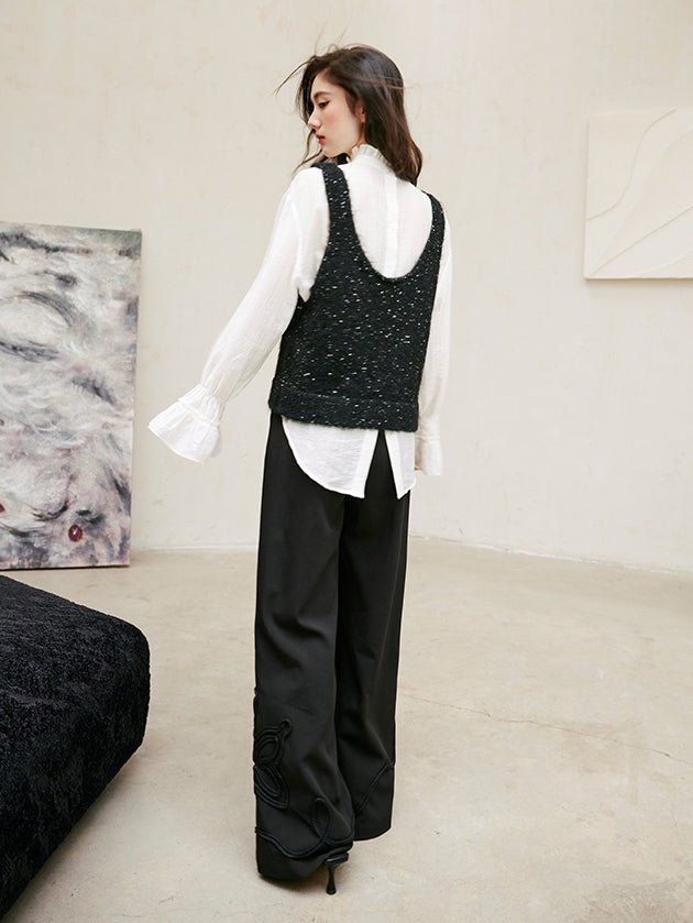 Glitter U-Neck Black Knitted Vest_BDHL6756