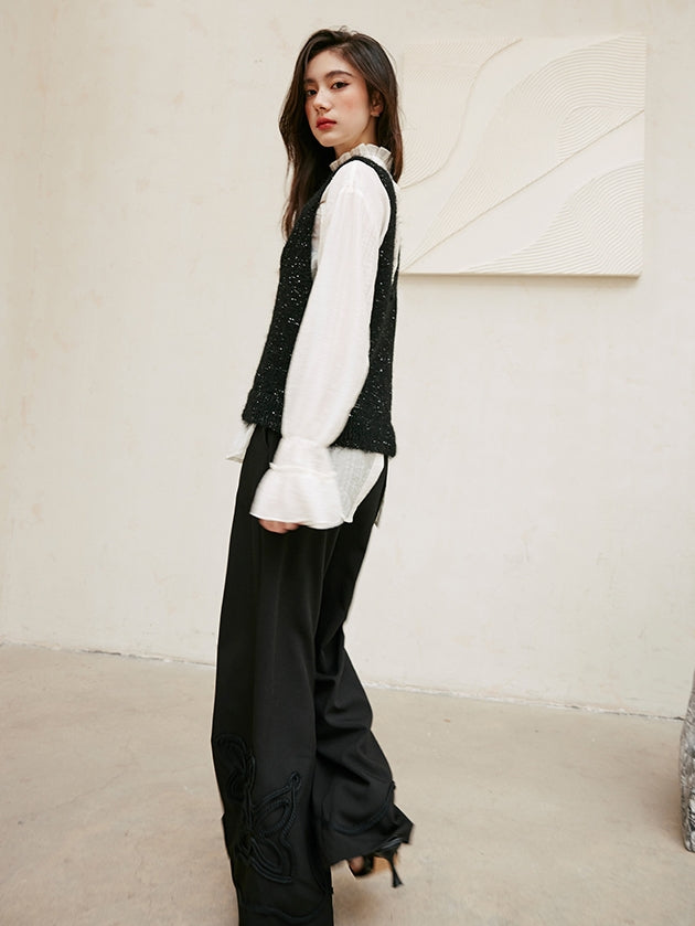 Glitter U-Neck Black Knitted Vest_BDHL6756