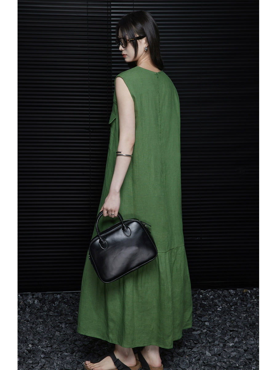 Linen sleeveless relaxed green dress_BDHL5907