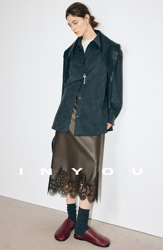 蕾絲皮革直筒裙_BDHL7901