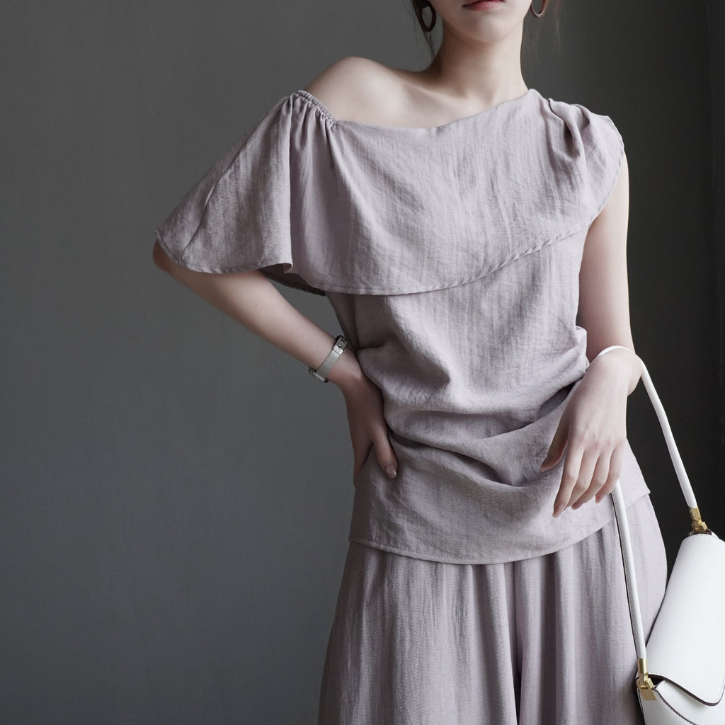 Ruffle Shoulder Top and Wide Pants Set_BDHL8354
