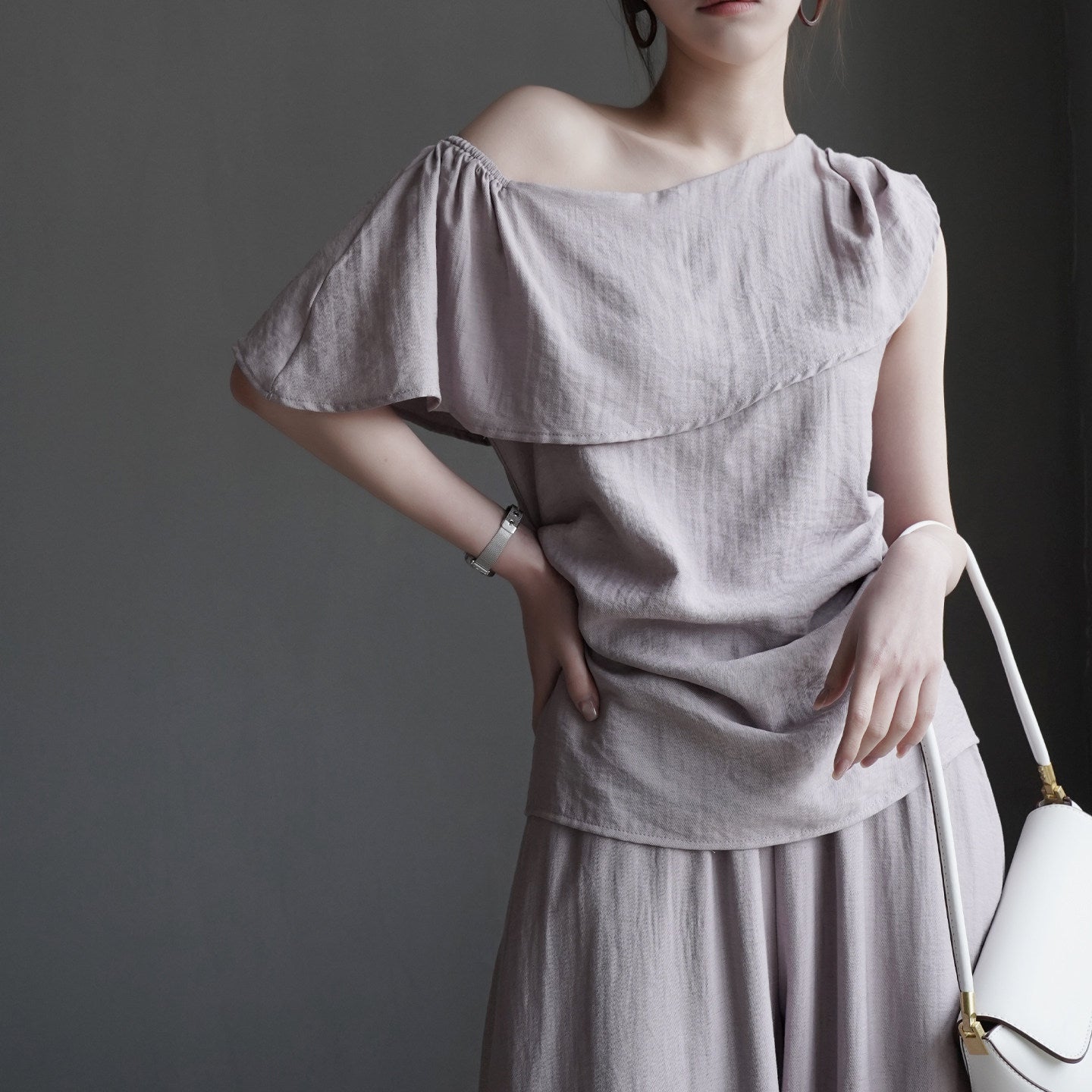 Ruffle Shoulder Top and Wide Pants Set_BDHL8354