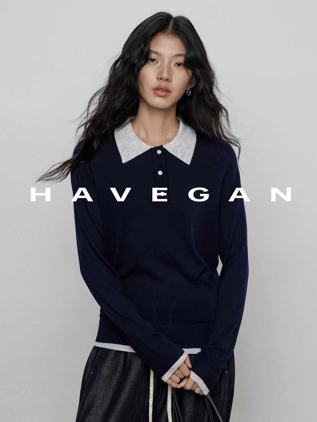 Contrast Collar Long-Sleeved Tops_BDHL7694