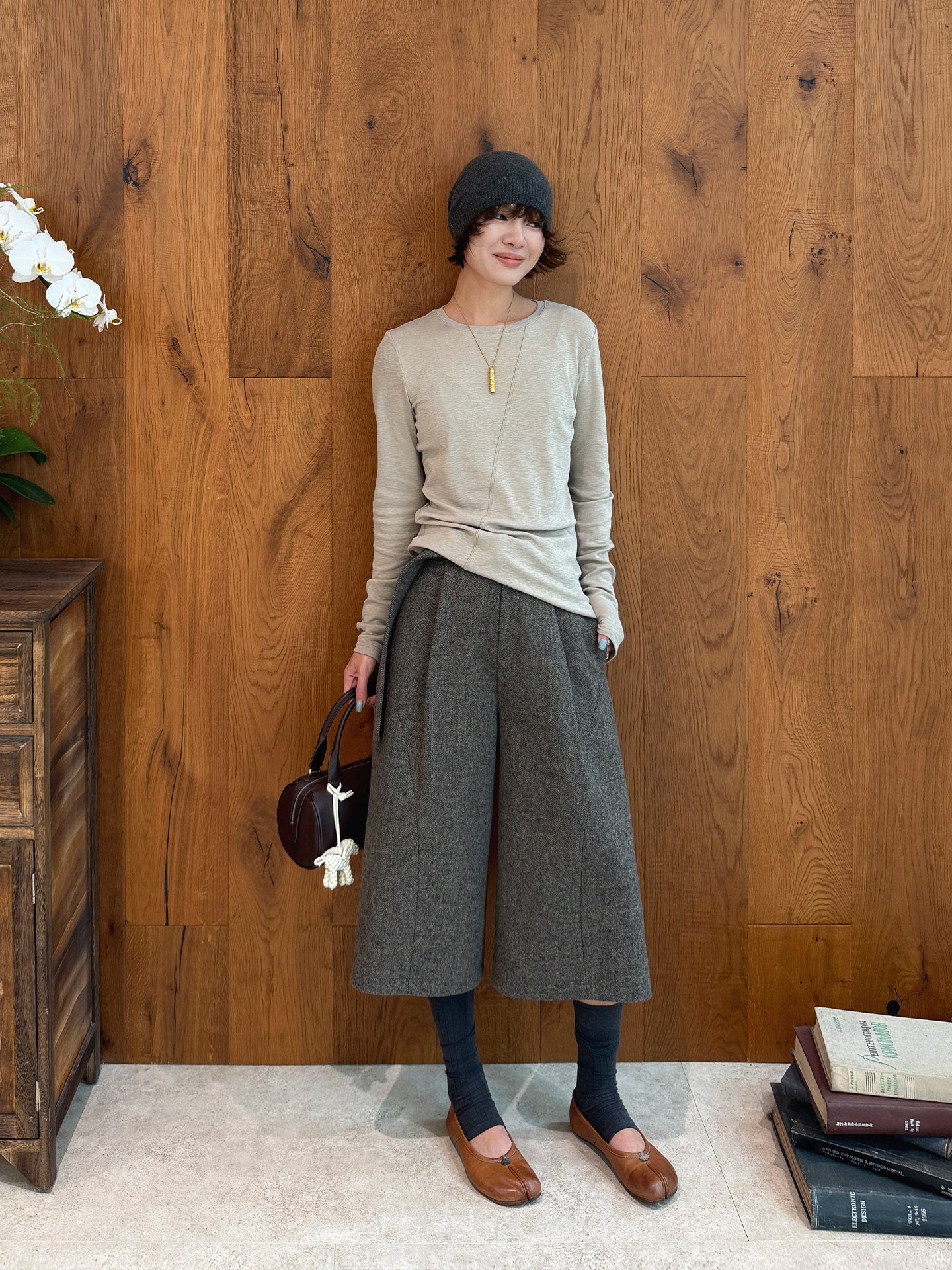 Wool Tie Waist Wide Cropped Pants_BDHL8423