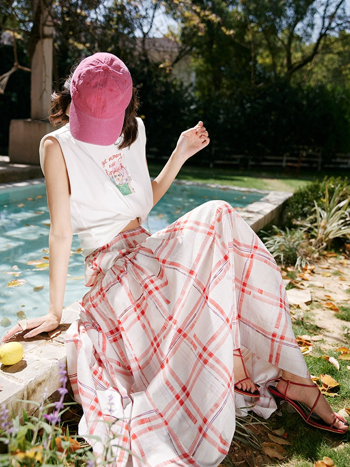 Red Chequered Swing Skirt_BDHL7473