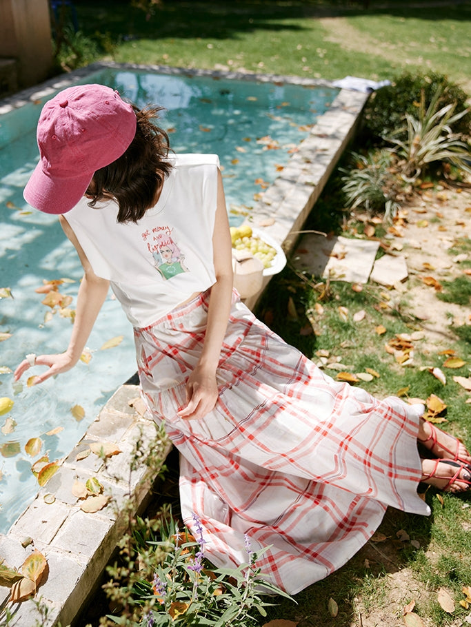 Red Chequered Swing Skirt_BDHL7473