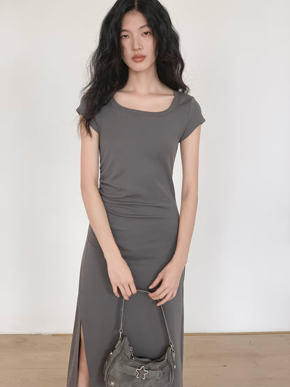 Short Sleeve Slit Slim Dress_BDHL6164