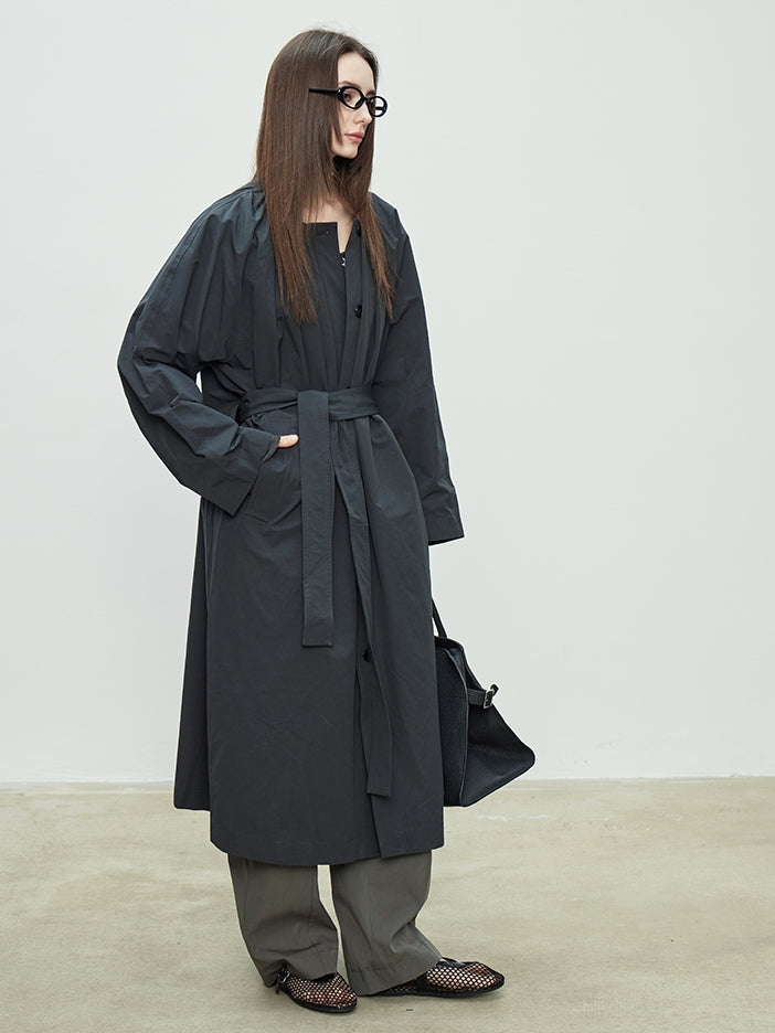 Collarless Loose Long Windbreaker_BDHL7088