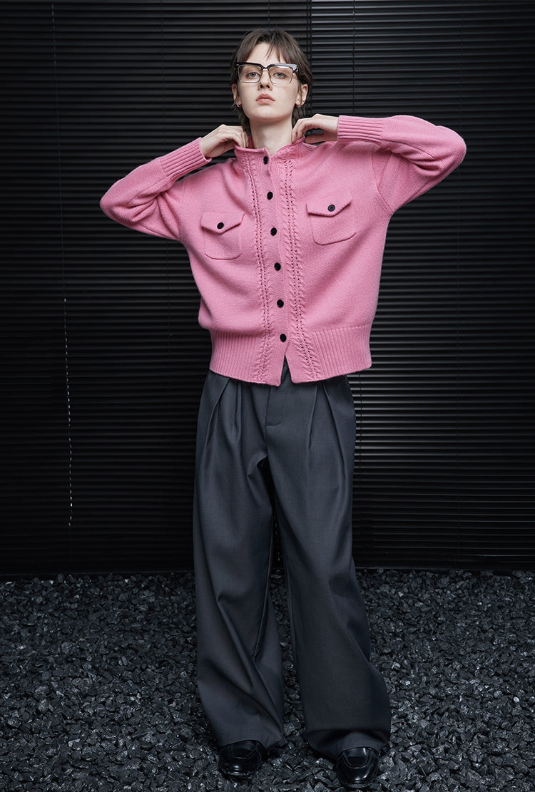 Hollow-Design Pink Knit Cardigan_BDHL7869