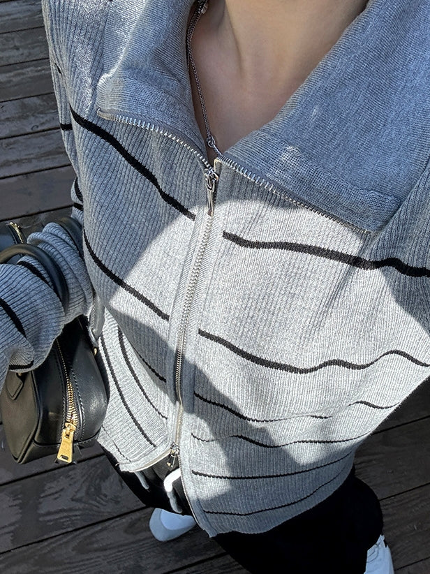 Striped Zip-Up Knit Cardigan_BDHL7660