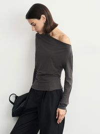 Gray One-Shoulder Pleated Tops_BDHL6539