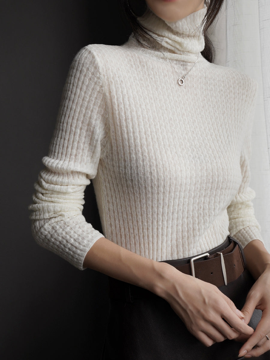 Turtleneck Or High-Neck Waffle Knit Tops_BDHL7930