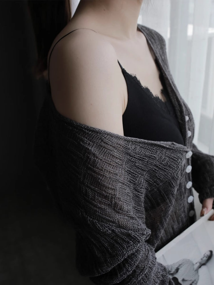 Knitted Cardigan And Lace Camisole Set_BDHL7414