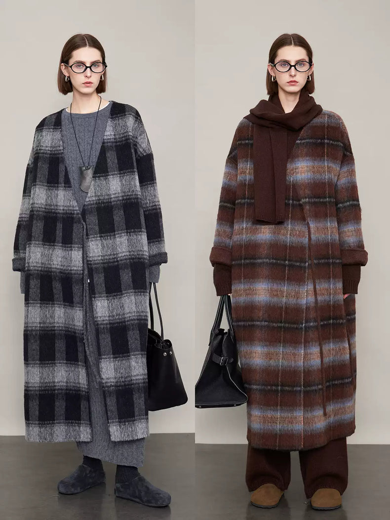 Plaid V-Neck Long Coat_BDHL6605