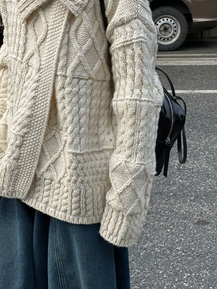 領口飾邊麻花針織開襟衫_BDHL8135