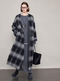 Plaid V-Neck Long Coat_BDHL6605