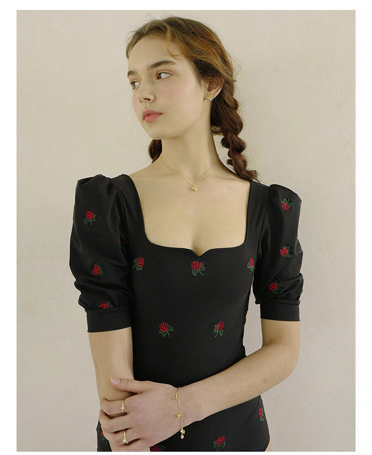 French Retro Puff Sleeve Backless Swimsuit_HL3236