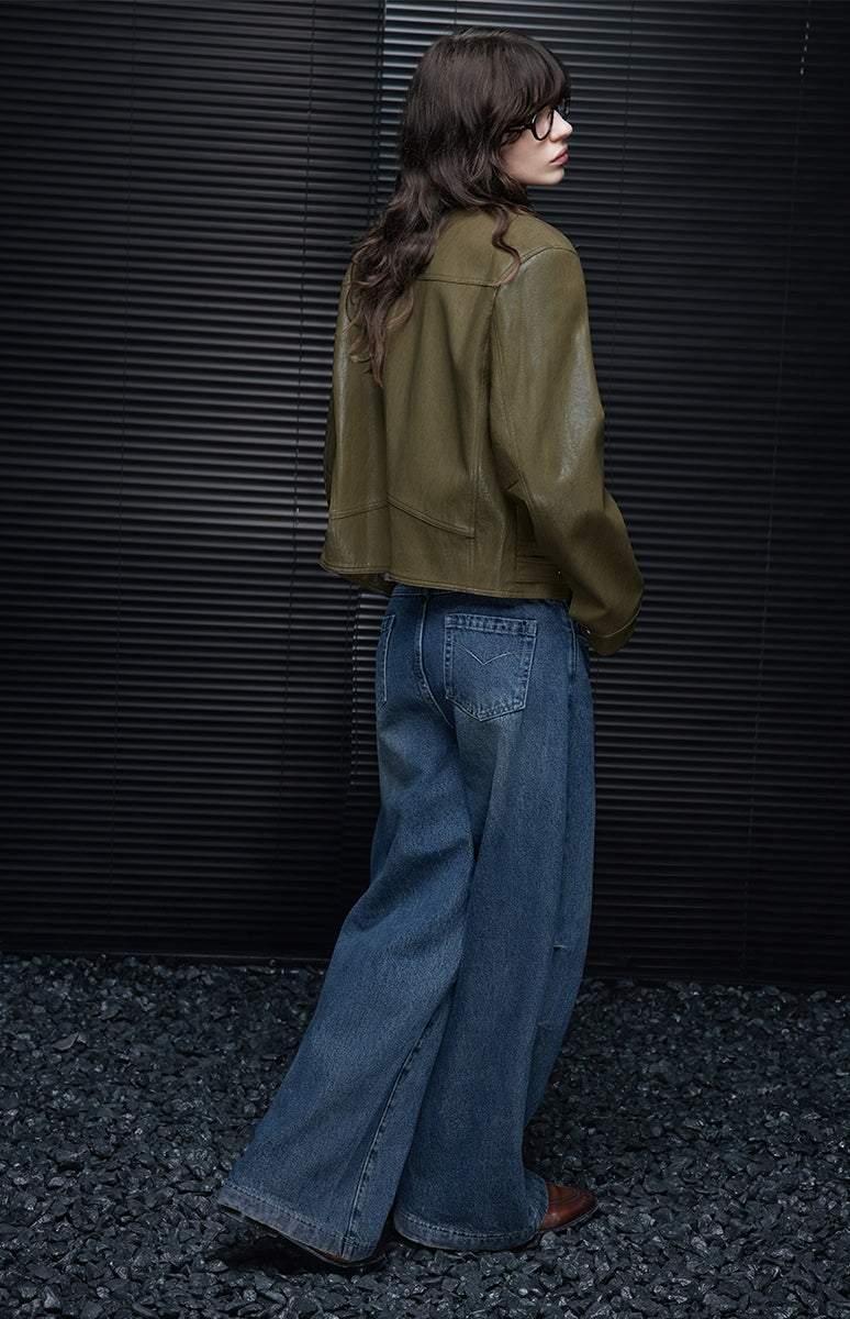 Green Short Leather Jacket_BDHL7798